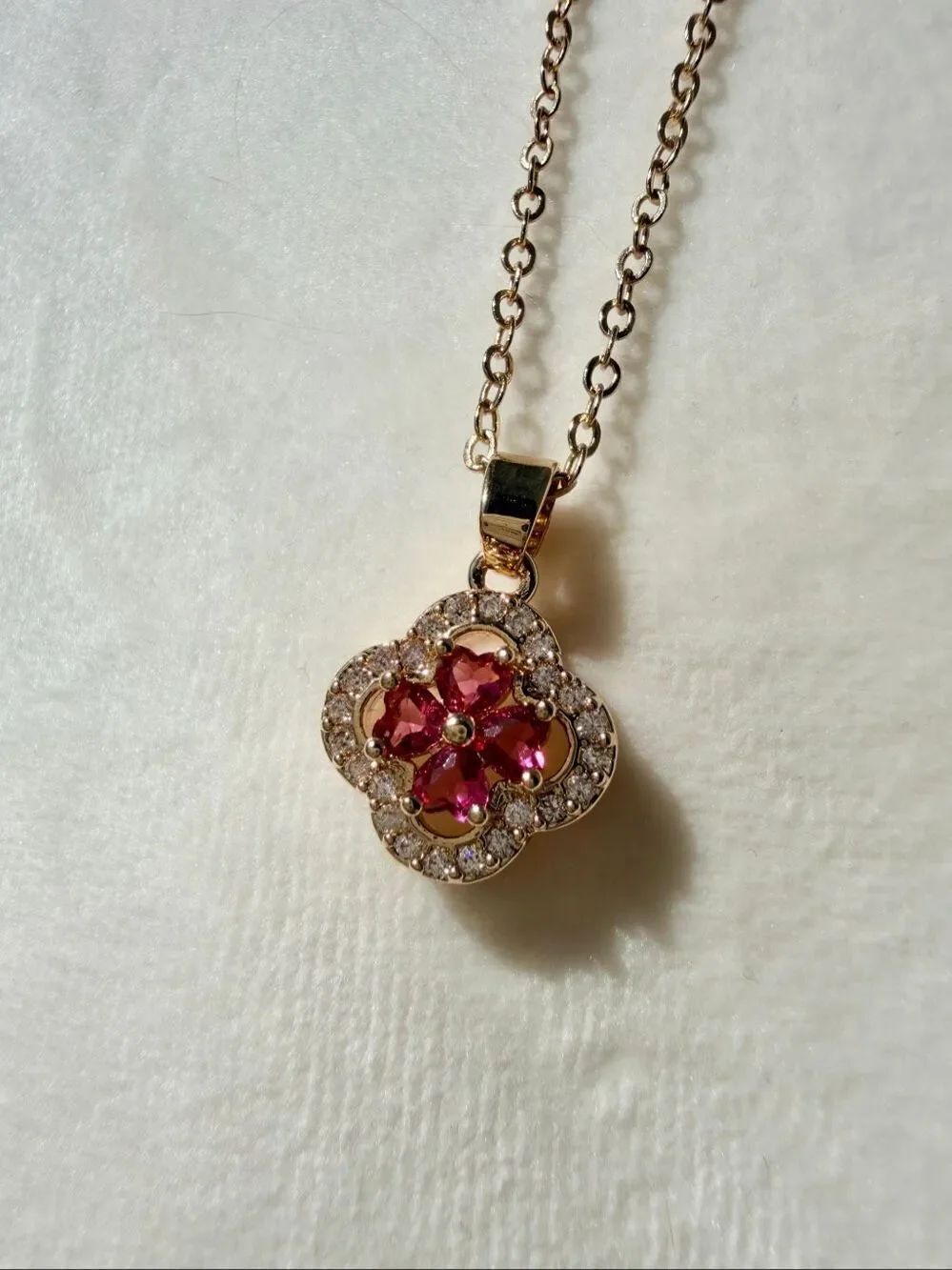 Ruby Pinkish red Floral Cubic Zirconia Halo Pendant Necklace Gold Tone